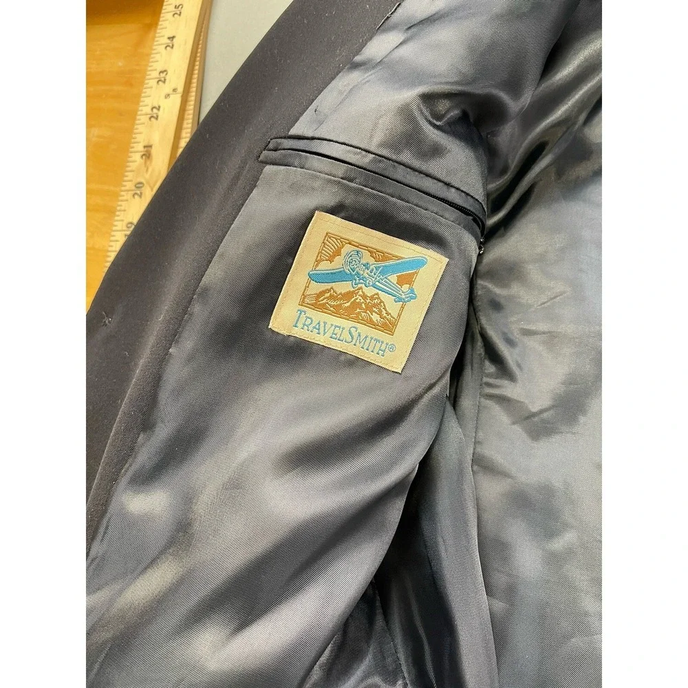 TravelSmith Men Blazer 44 Business Travel Wedding‎ Navy Zip Pocket Blue Lined